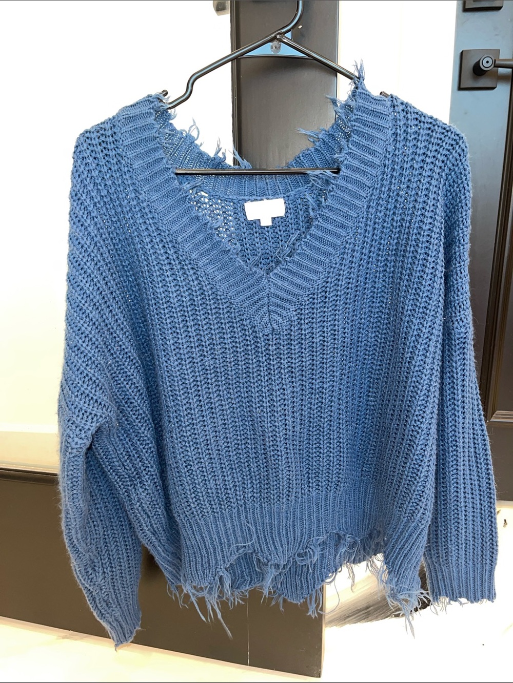 Pink Lily Distressed V-Neck Blue Knit Sweater